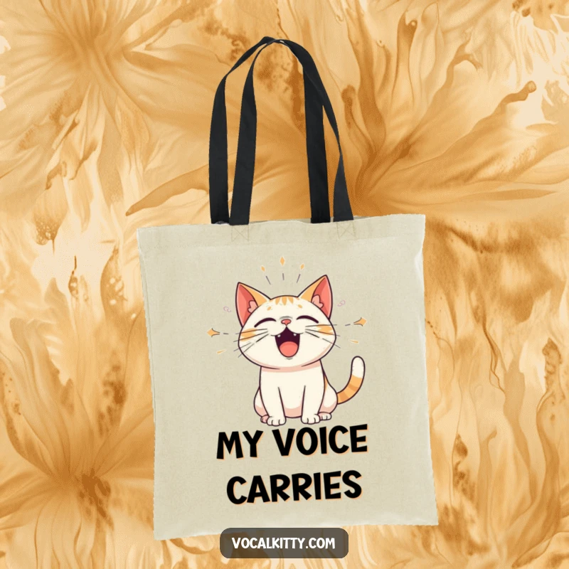 Funny tote bag featuring a cat with amplified sound waves emanating from its mouth, perfect for carrying items with a loud and humorous statement.