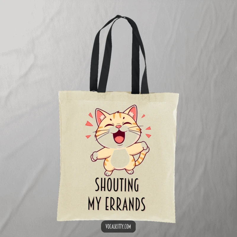 Funny tote bag with a cat playfully shouting with exaggerated facial expressions and dynamic motion, perfect for carrying items with lively humor.