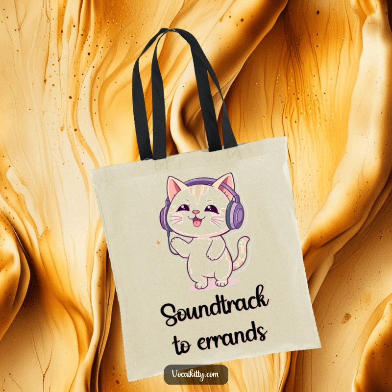 Funny tote bag showcasing a cat with oversized headphones, energetically bouncing to loud music, ready for fun.